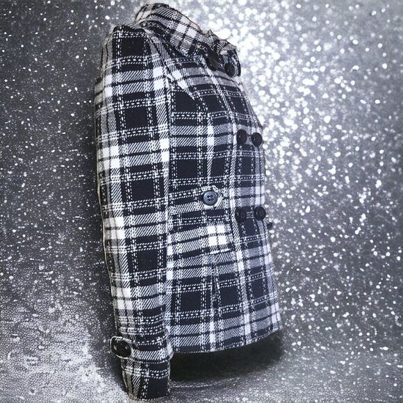 Double-breasted black white plaid jacket with removeable hood - Picture 5 of 8